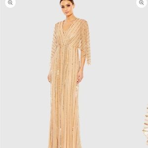 Mac Duggal Gold Maxi Dress Beige Beaded Striping Kimono Sleeve V Neck Gown